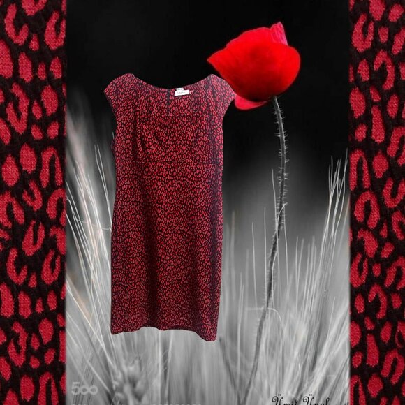 🌹🐾❤️Gorgeous Calvin Klein Red Black Textured Leopard Print Sleeveless Dress - Picture 4 of 17